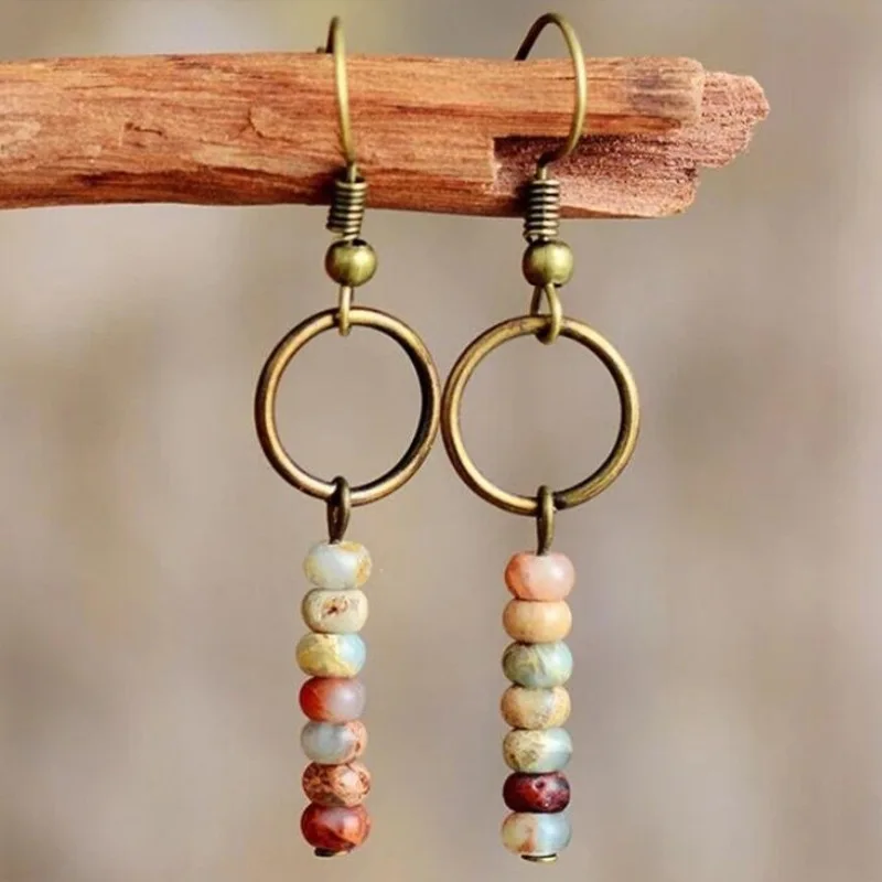 

2023 New Vintage Stacked Natural Japer Stone Beads Healing Dangle Earrings Circle Protection Grounding Earring Spiritual Gifts
