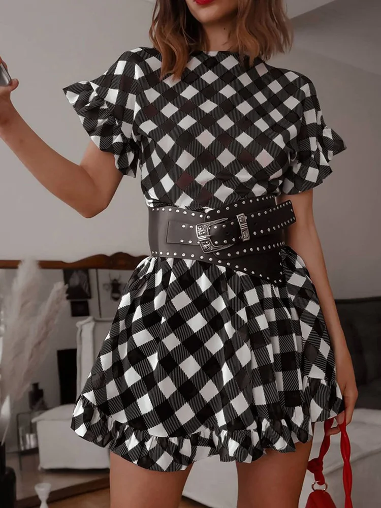 

Женское Повседневное платье с коротким рукавом, оборками и принтом в клетку