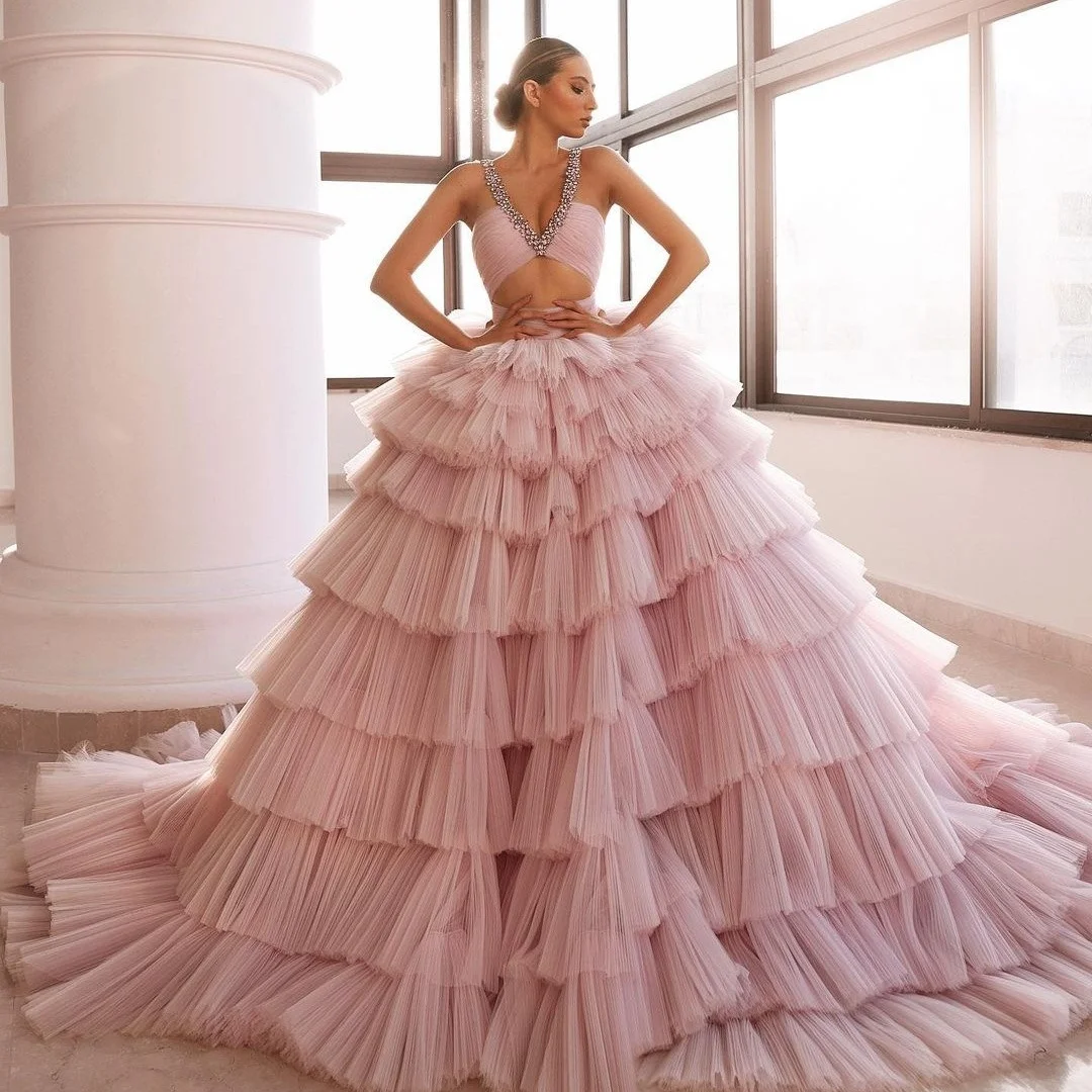 

Blush Pink Evening Dresses for Women Tulle Pleat Puff Prom Gowns Crystals Luxury Party Red Carpet vestido de novia