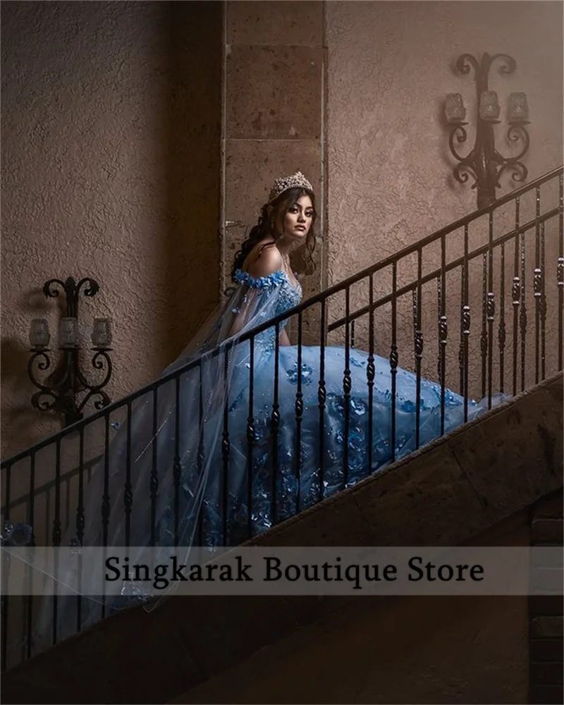 Шикарное бальное платье небесно-голубого цвета красивые платья 16 Quinceanera бусины 3D