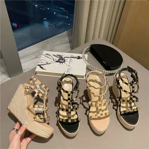 

2022 size women's open toe high heel sandals beige clogs wedge summer