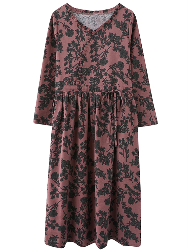 Женское Хлопковое платье с V-образным вырезом длинным рукавом и цветочным
