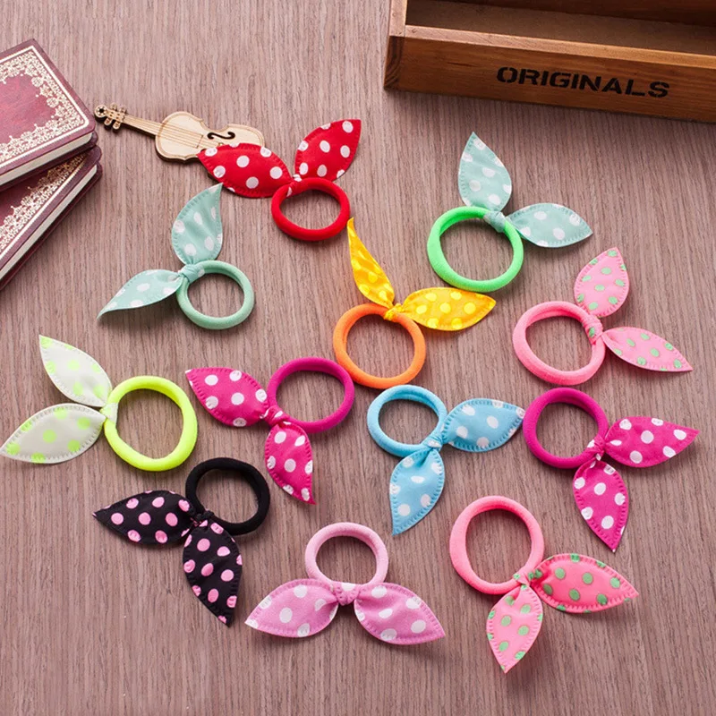 

Cute Flowers Polka Dots Rabbit Ears Hair Ball Rubber Band Head Rope Candy-colored Printing Little Towel Ring Baby Headbands
