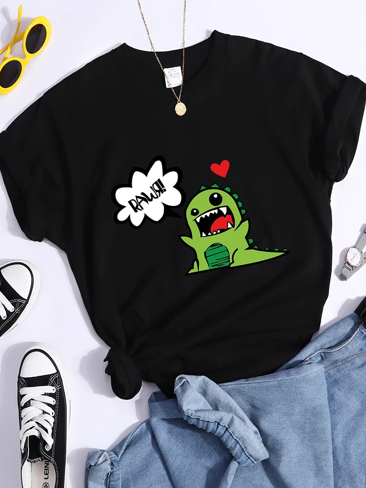 Angry Little Green Dinosaur Printing Women'S T Shirt Street Summer Tshirt Simple Casual Short Sleeve Breathable Cool T-Shirt