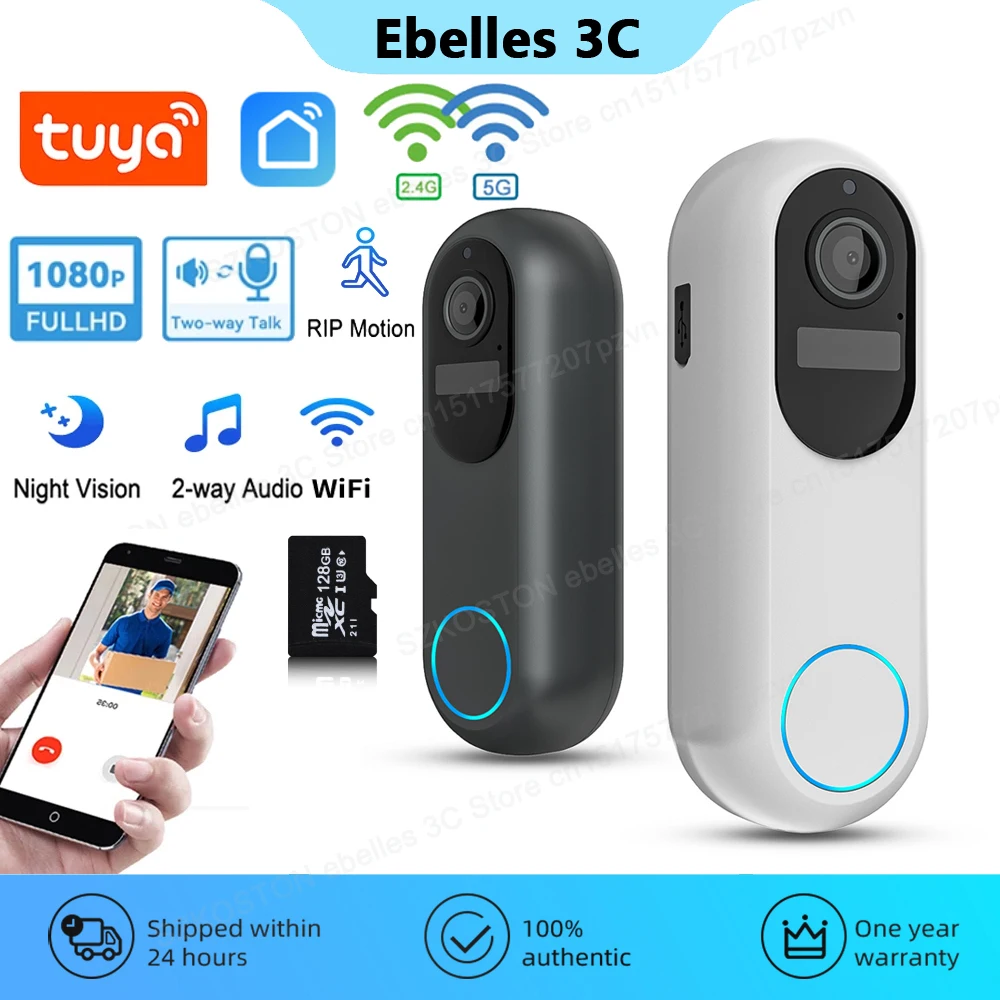 Tuya Smart Home Video Doorbell Outdoor Wireless Doorbell 5G/2.4GHz WiFi Camera Waterproof 1080P Night Vision Security Protection
