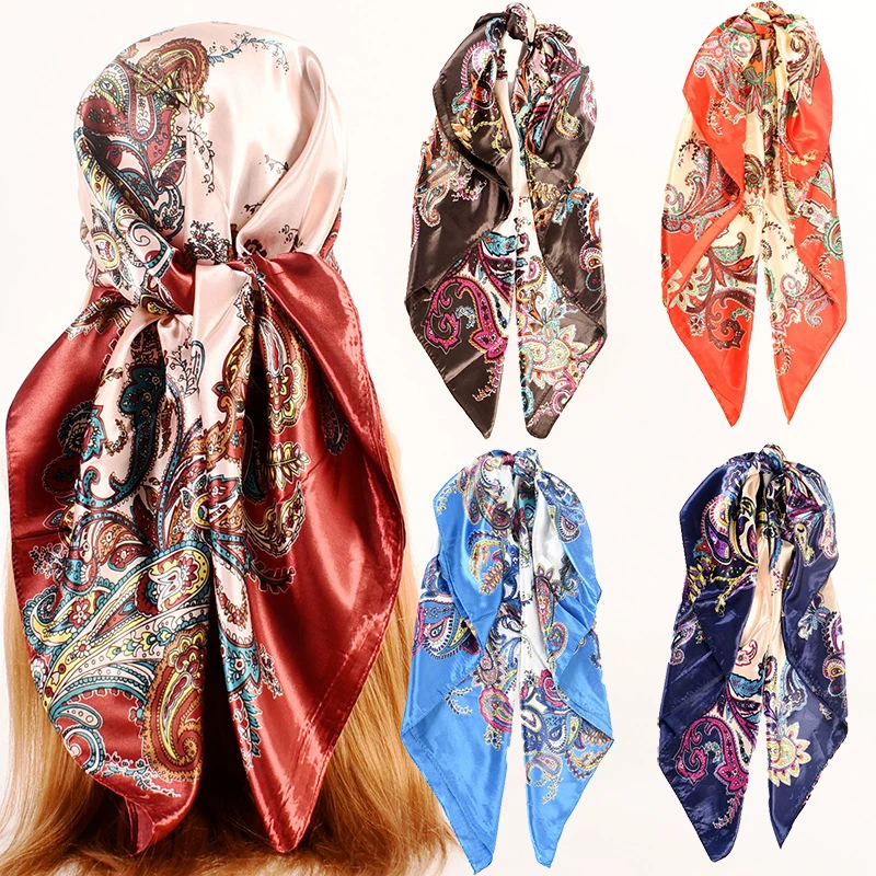 

90*90Cm Cashew Flower Square Silk Scarves Women Shawl Satin Hijab Headscarf Female Bandana Ladies Bandanna Foulard Muffler