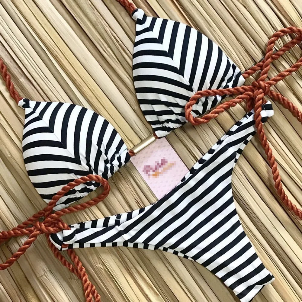 

2023 Striped Bikini Set Knotted Swimsuit Women Biquinis Beach Sexy Thong Swimwear Bandage Brazilian Mirco Bikinis Bathing Suit