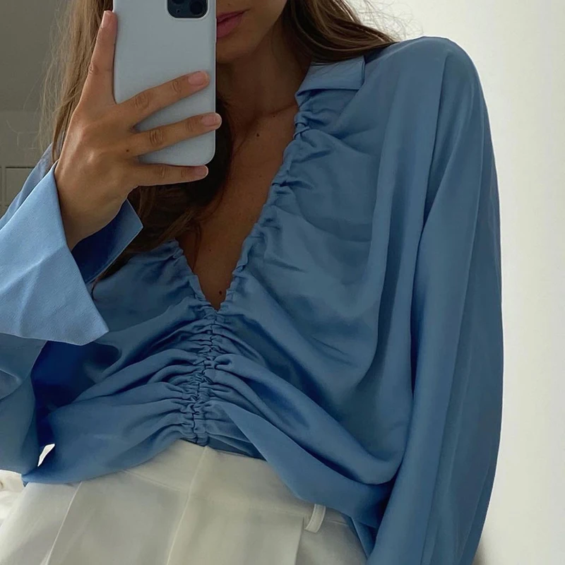 

New Satin Irregular V-neck Drawstring Satin Shirt for Spring/summer 2022