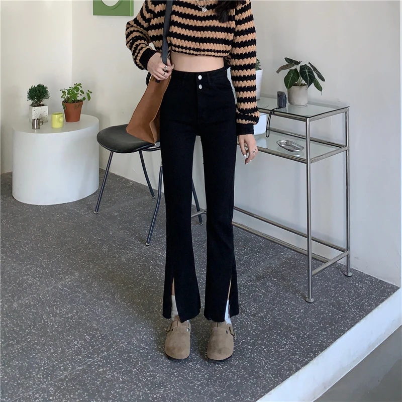 

N5197 New slit jeans women's slim fit stretchy nine-point flared jeans