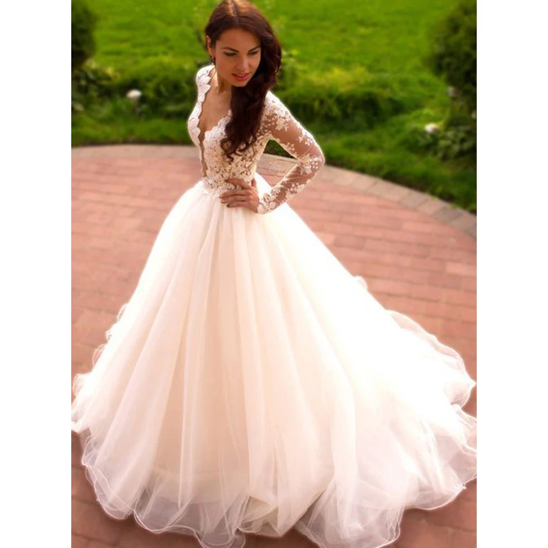 

Кружевное свадебное платье, юбка в пол с V-образным вырезом и длинным рукавом, ажурная спинка, подходит для выпускного, тюлевый материал, нов...