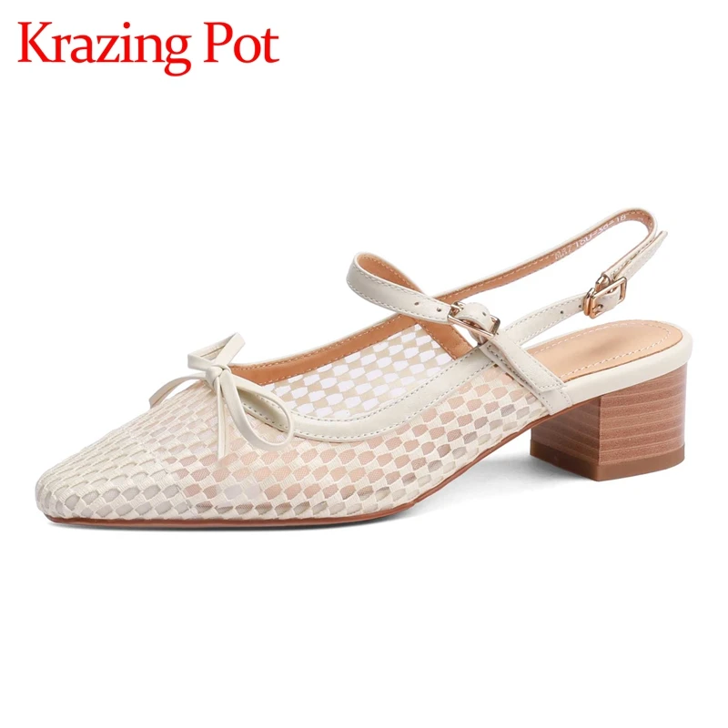 

Krazing pot big size air mesh round toe med heel slingback butterfly-knot Korean style beauty girls dating sweet women pumps L60