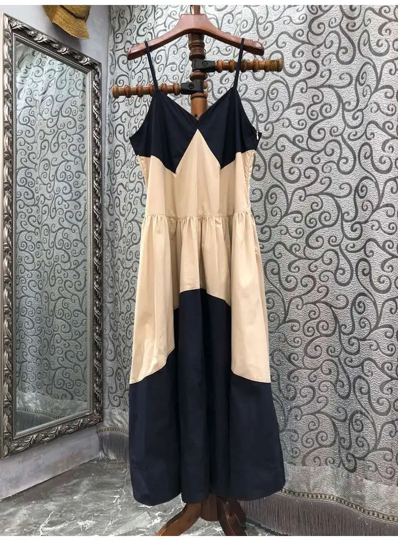 

100%Cotton Dress 2022 Summer Fashion Style Women Spaghetti Strap Color Block Patchwork Sleeveless Casual Loose Dress Long Maxi