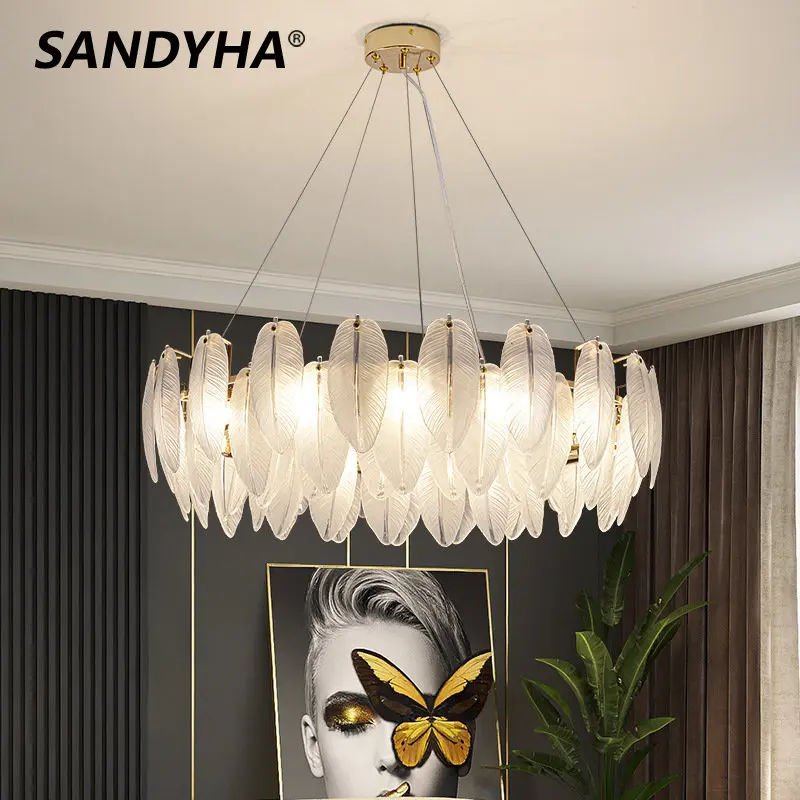 

SANDYHA Pendant Lights Crystal Lamp Lamparas Colgantes Para Techo Lampadari Suspendus Feather Chandeliers Hanglamp Lustre Salon