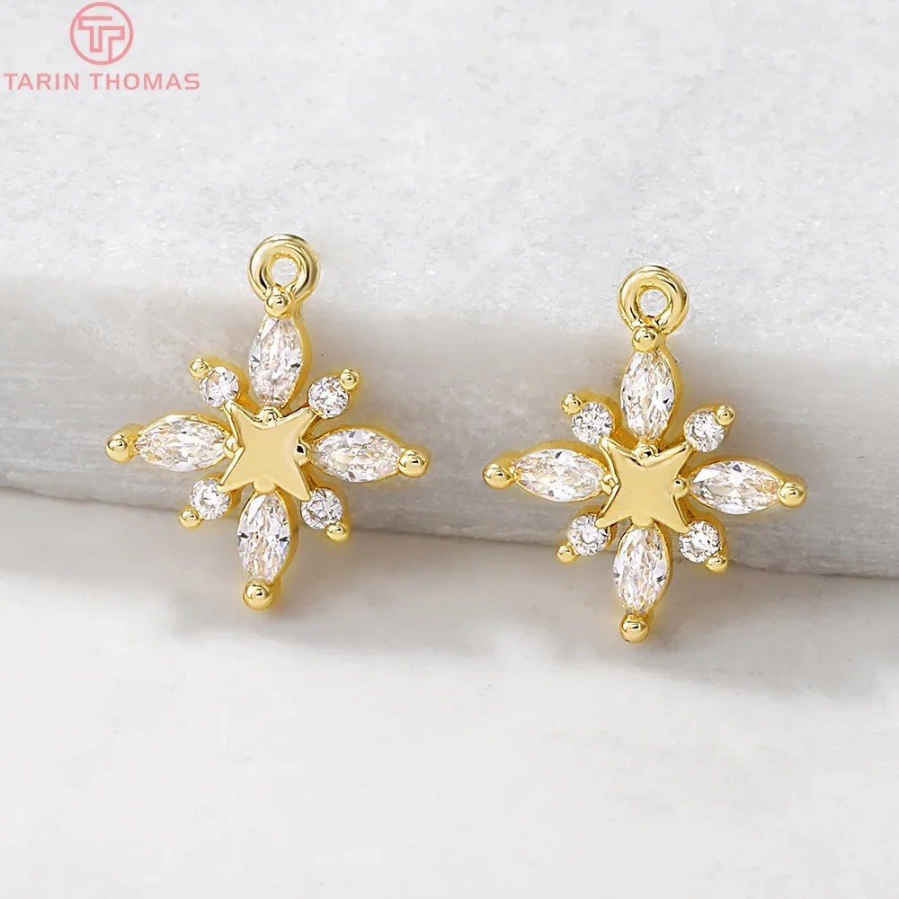 (1160) 4 шт. 13x15 мм отверстие 1 24 К золото цвет латунь с цирконом снежинка