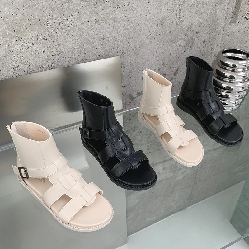 

2022 Shoes For Women Boots Sandals Round Toe Female Casual Outside Ankle Sandals Zipper Summer Beach Gladiator Weave Flats