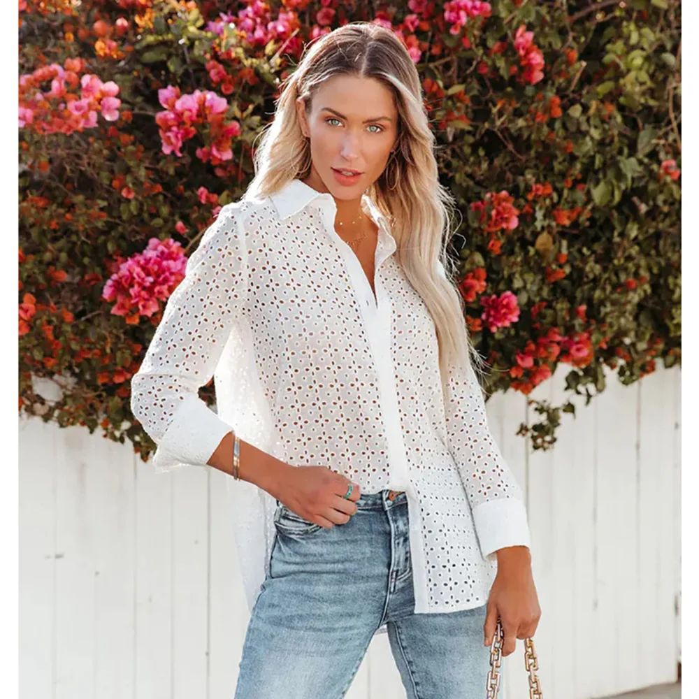 

2022 Summer Women Casual Shirts Solid Color Hollow Out Full Sleeve Office Ladies Beach Loose Autumn Sun-Protection Blouse C3830