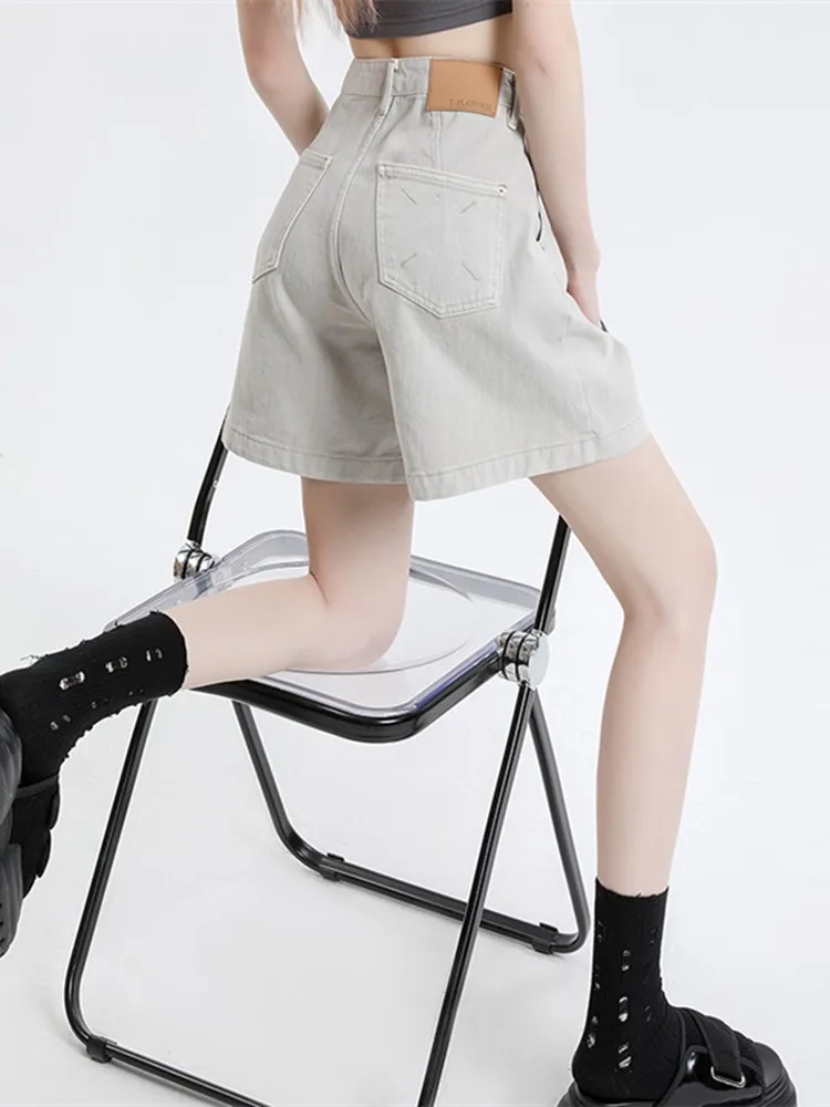 GUUZYUVIZ Loose Shorts Female Casual High Waist Solid Straight Streetwear Jean Shorts Ladies Summer Wide Leg Denim Short Pants