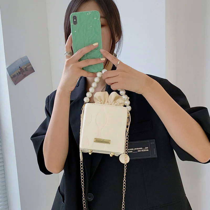 

Simple box Bag Mini Bag 2021 summer women's bag portable pearl chain one shoulder slant across foreign style bag