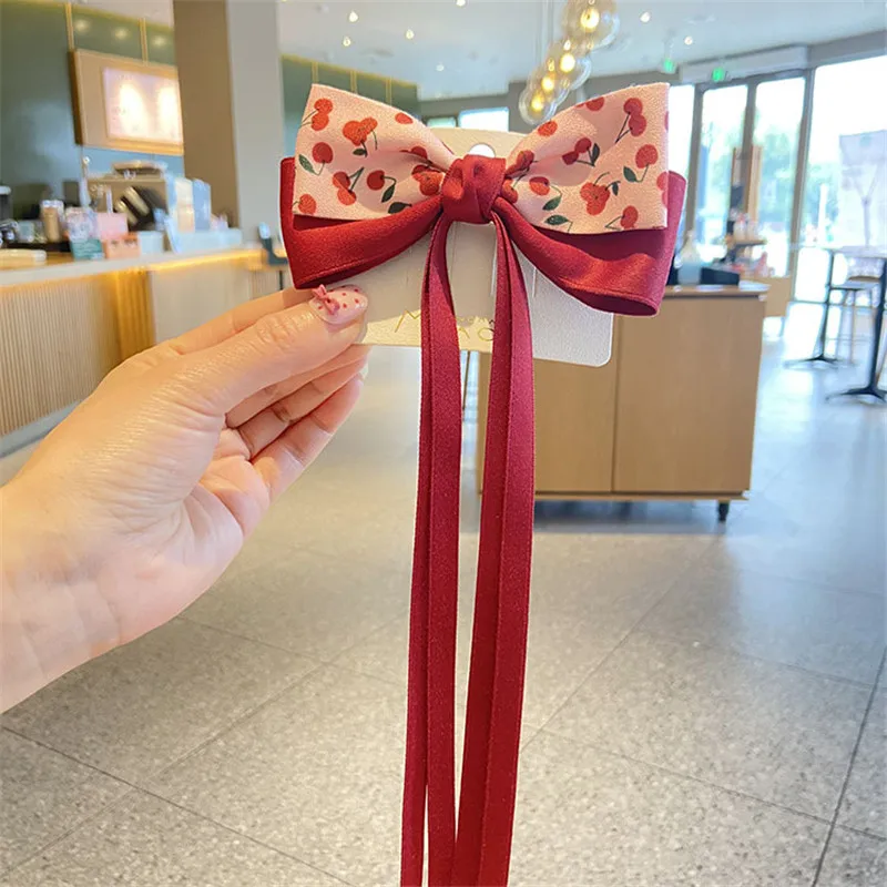 1pc Retail Red Cherry Print Hair Bow Clips Pink Girl Daily Hairpin Children Long Tail Head Accessory Fashion Fruit Barrette images - 6