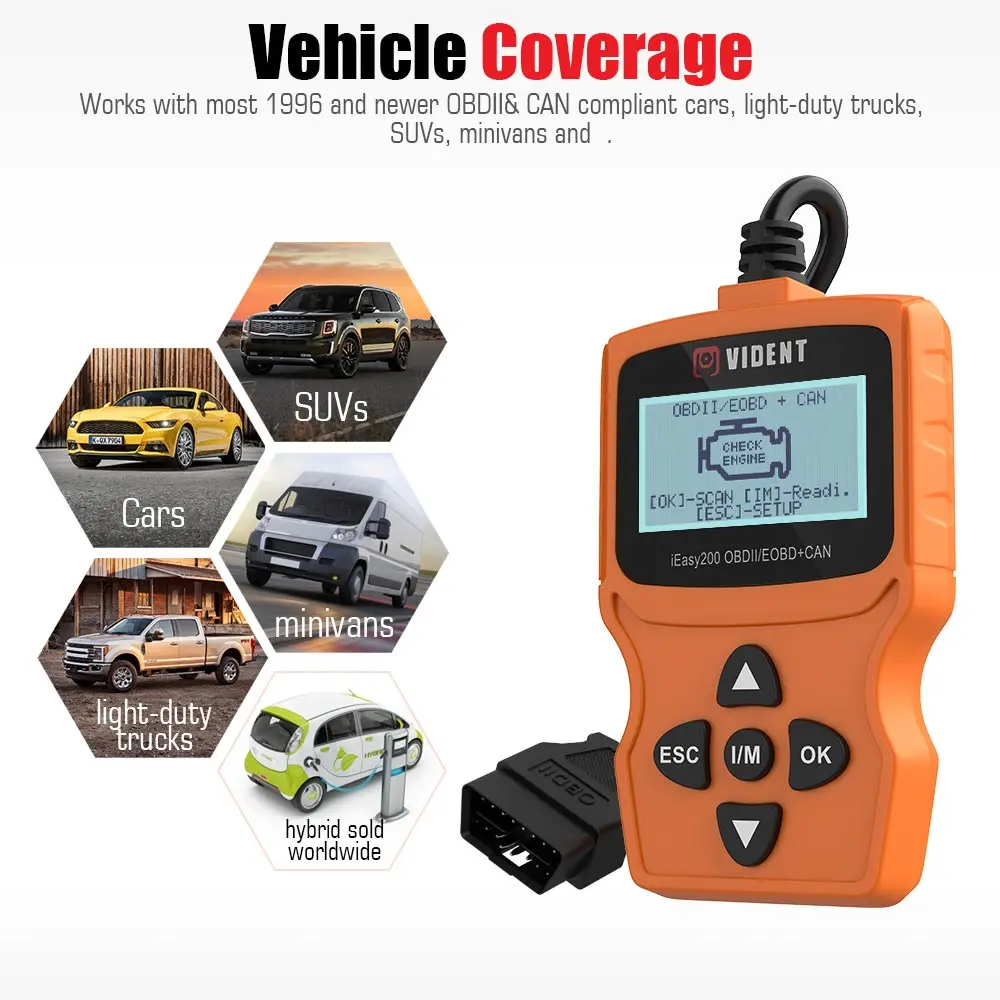 Считыватель кодов VIDENT iEasy200 OBDII/EOBD + CAN для проверки светильник освещение двигателя