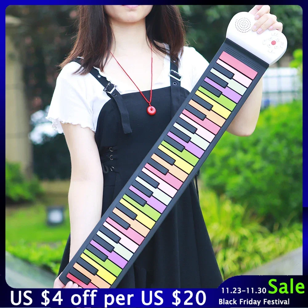 

M MBAT 49 Keys Electronic Piano Roll Up MIDI Flexible Color Keyboard Piano Musical Instrument Children's Toy Built-in Speaker