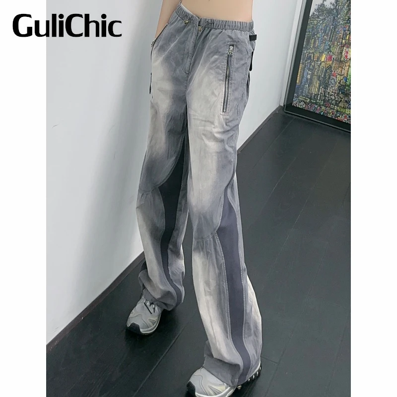 7.1 GuliChic Women Fashion Vintage Gradient Contrast Color Patchwork Zipper Pocket Drawstring Comfortable Straight Pants