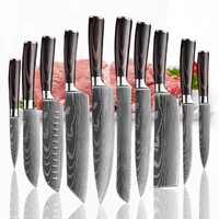 1 10pcsset wood handle kitchen knives chef knife cutting tool stainless steel damascus pattern cleaver set slicer knife