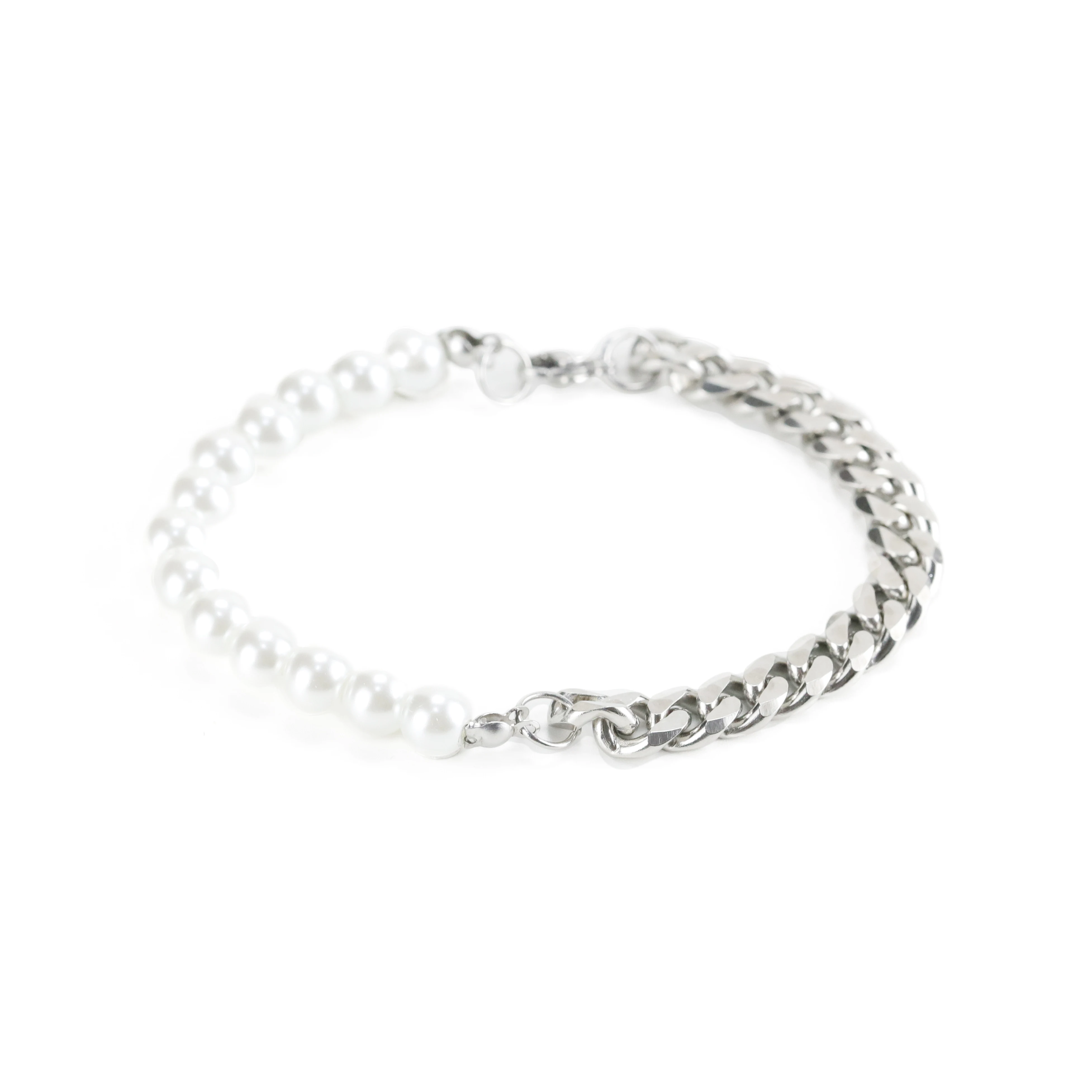

New Fashion Half Pearl Half Stainless Steel Cuban Chain Bracelet Hip Hop Men Necklace Bracelet Set For Men Women Rapper Jewelry