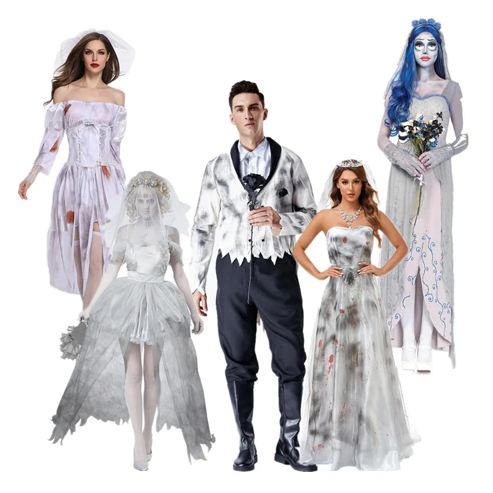 

Halloween Costume Women Printed Wedding Dress Cosplay Cosplay Ghost Groom Horror Bloody Bride Gown Adult Zombie Men Uniform Suit