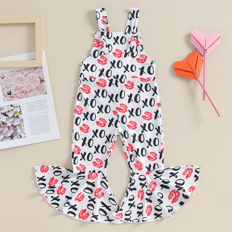 

Комбинезоны для маленьких девочек, без рукавов, с принтом губ, штаны на подтяжках, штаны с колокольчиками, наряд на День святого Валентина, милая одежда для малышей