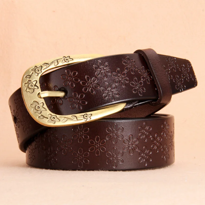 Vintage Light Luxury Versatile Brown Coffee Embossed Cowhide Belt for Woman Multi Size Belts Accessory Gift