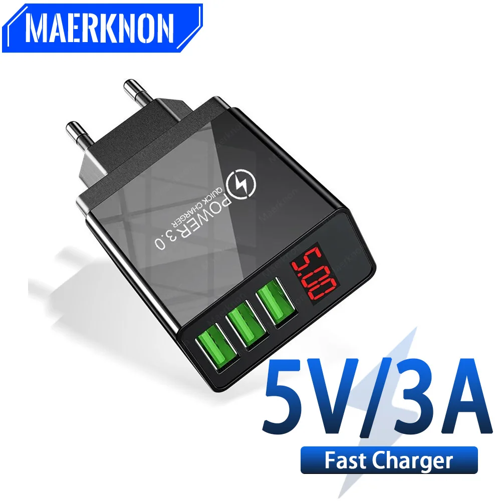 

3A 3 Ports USB Charger Fast Charging LED Digital Display Mobile Phone Charger For iPhone Xiaomi 13 Samsung Wall Charger Adapter
