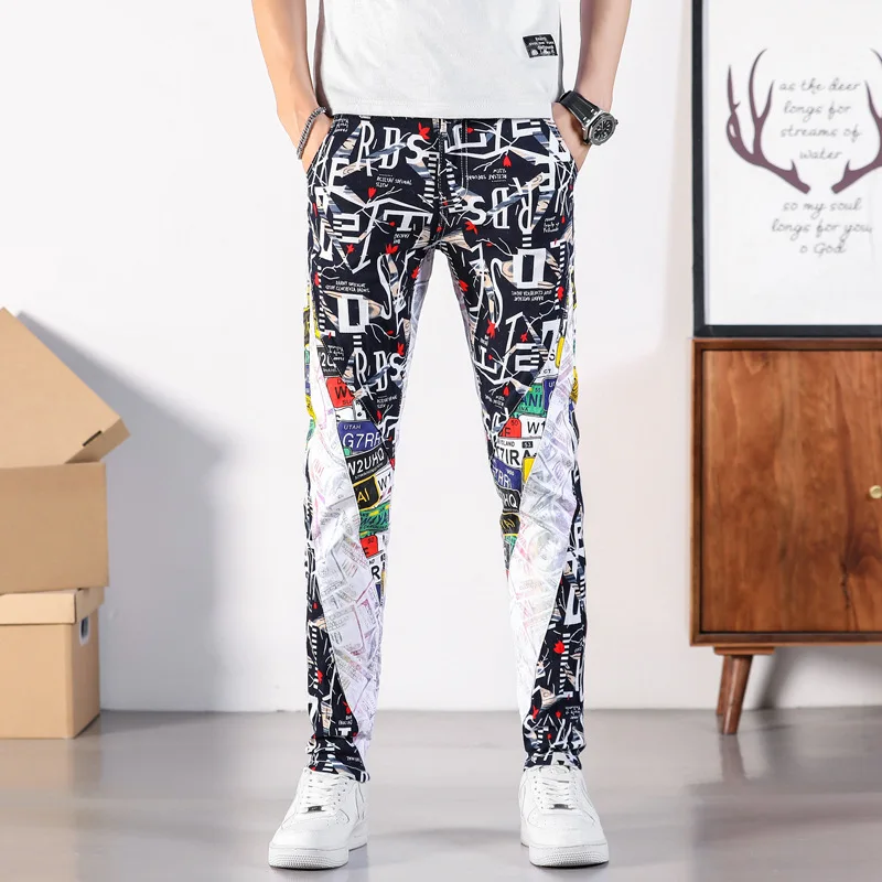 2023 New Men's Personalized Printing Fashion Brand Jeans Men's Slim Fit Panels Elastic Graffiti Fashion Cotton Pants