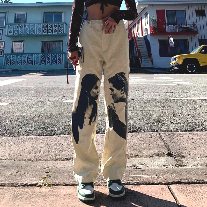 

Alt Vintage Portrait Printed Casual Straight Pants Slim Casual Pants Gothic Fall 2021 Women Pants Y2k Aesthetic Harajuku Pants