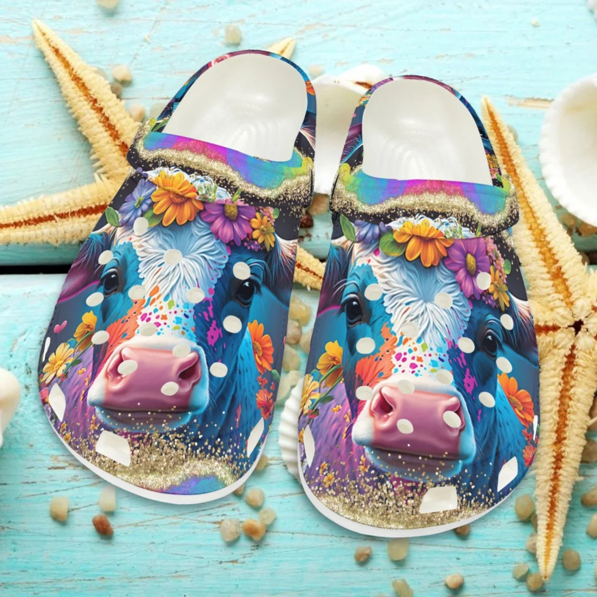 

EVA Light Hole Shoes for Women Summer New Garden Clogs Fashion Art Sunflower Cow Bone Pattern Print Outdoor Beach Wading Sandals