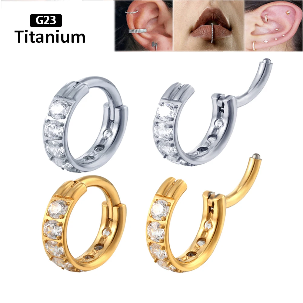 

1 Pack G23 Titanium Perforated Hinge Segment Hoop CZ Stone Clicker Ear Cartilage Tragus Spiral Earrings Can Also Be Nose Rings
