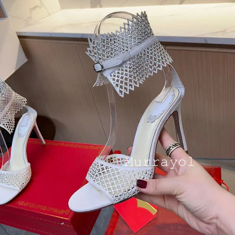 Новые сандалии на тонком каблуке с сетчатым дизайном женские со стразами и