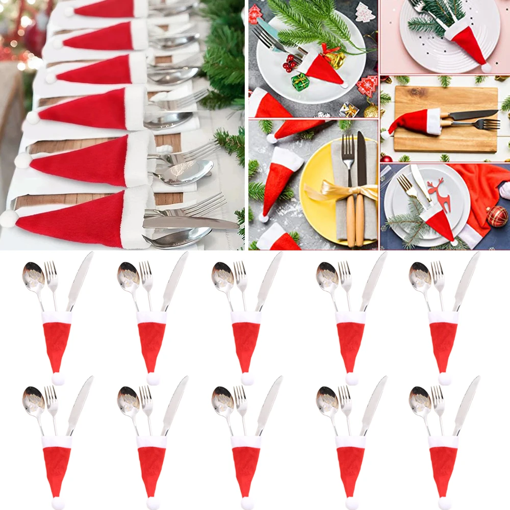 

10/20pcs Mini Christmas Hat Cutlery Holder Knife Fork Cutlery Bag Wine Bottle Cap Kitchen Home Decoration New Year Christmas2023