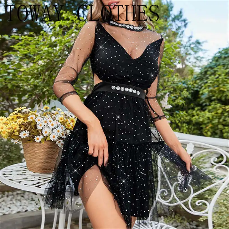 

Женское платье 2023 контрастное Сетчатое платье с оборками на подоле в горошек