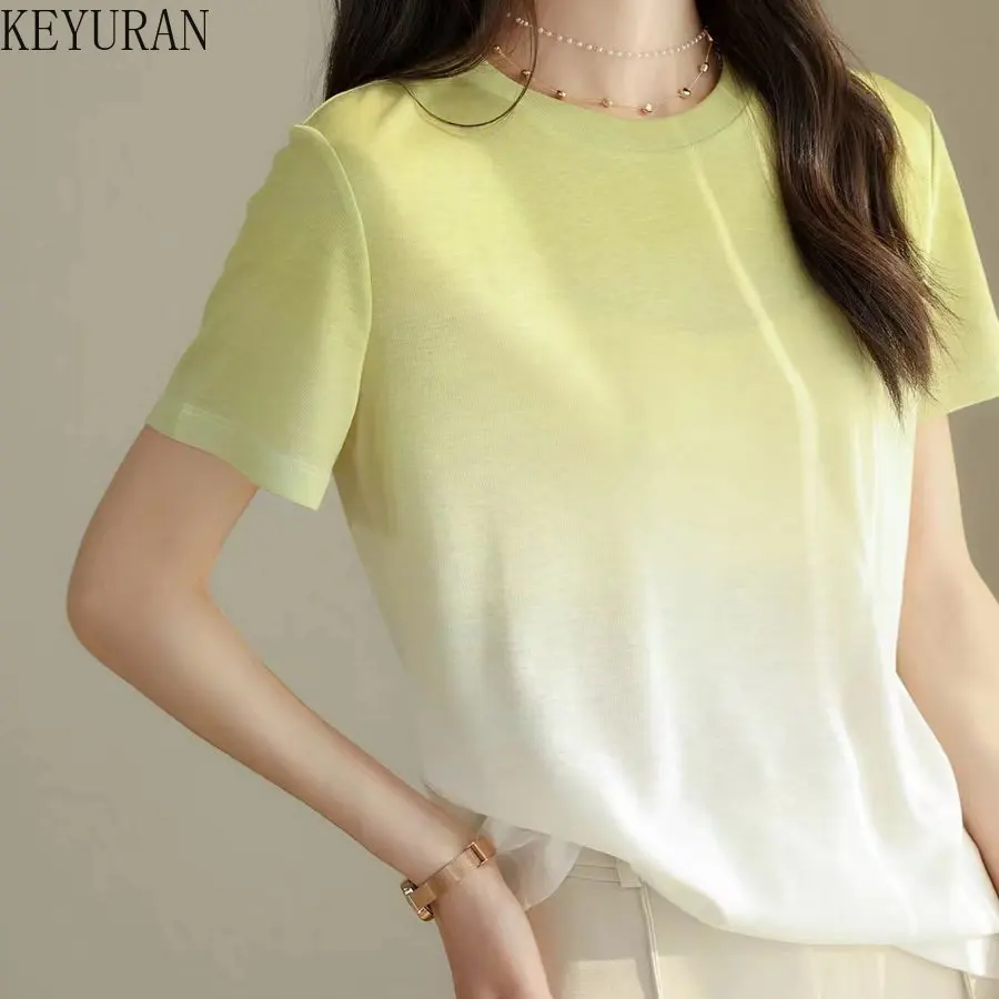 

Свитер женский с коротким рукавом и градиентом, Модная тонкая свободная вязаная футболка из вискозы, облегающий трикотажный топ с круглым вырезом, на лето