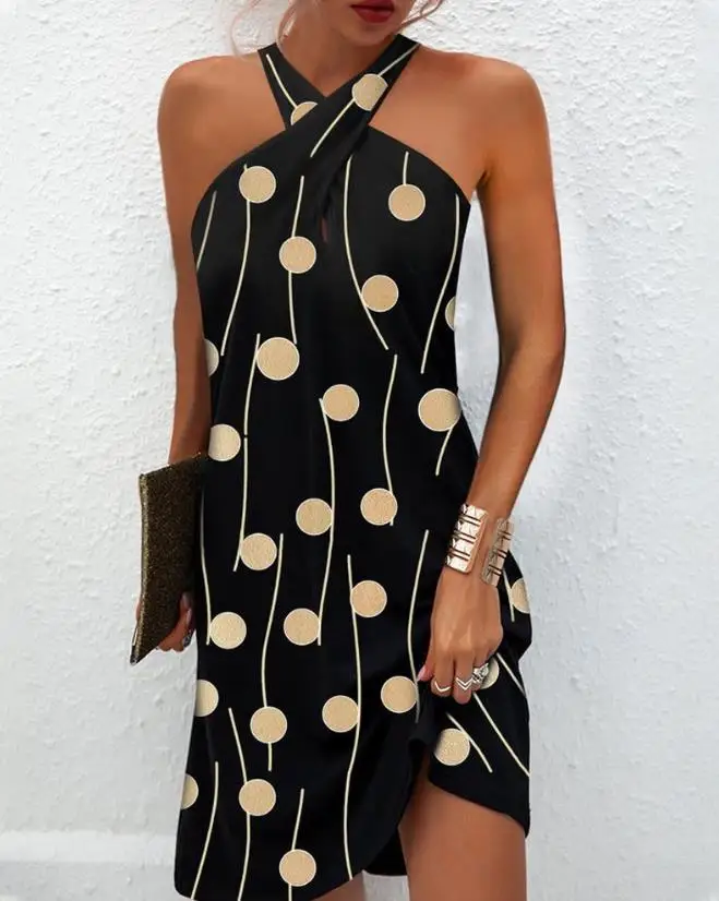 

Polka Dot Print Cross Halter Casual Dress for Women Summer European & American Women's Fashion Clothing Straight Mini Dresses