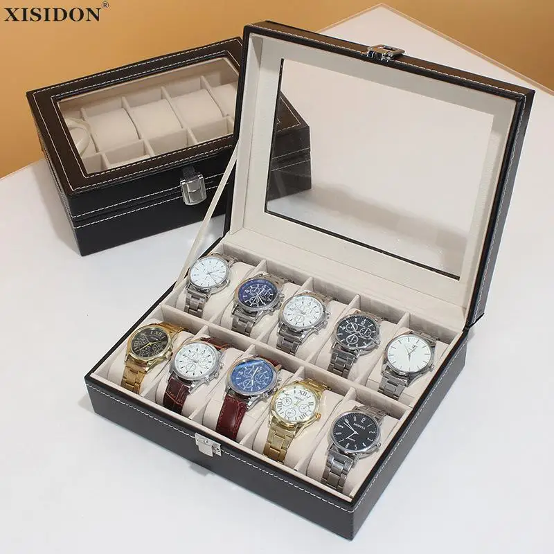 

6/10/12 Grids Leather Watch Box Display Case Holder Black Storage Box Glass Jewelry Organizer for Men & Women Best Gift Box