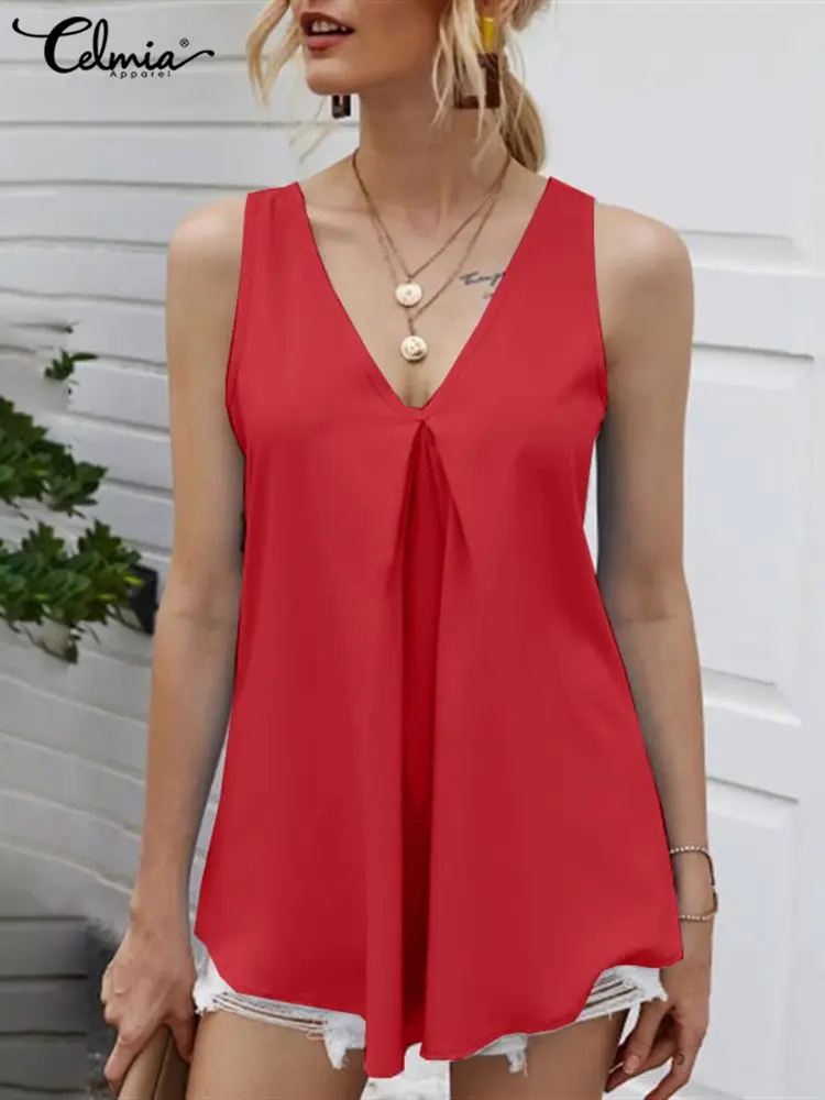 

Праздничная Туника Celmia с качели, женский жилет без рукавов с V-образным вырезом, летние пикантные однотонные майки, Повседневная Свободная п...