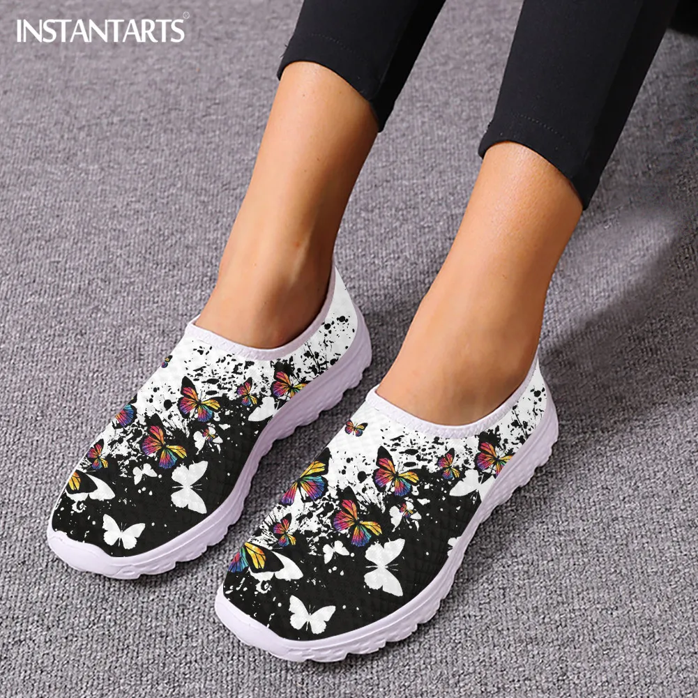 Summer Breathable Mesh Shoes for Girls Butterflies Black White Women's Print Slip-on Flats Round Toe Outdoor Loafers Tennis Hot