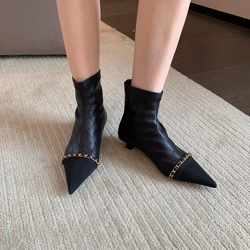 Pointed Toe Shoes Women Ankle Boots Mixed Color Metal Chain White Beige Thin Low Heels Short  Back Zipper Botines Mujer