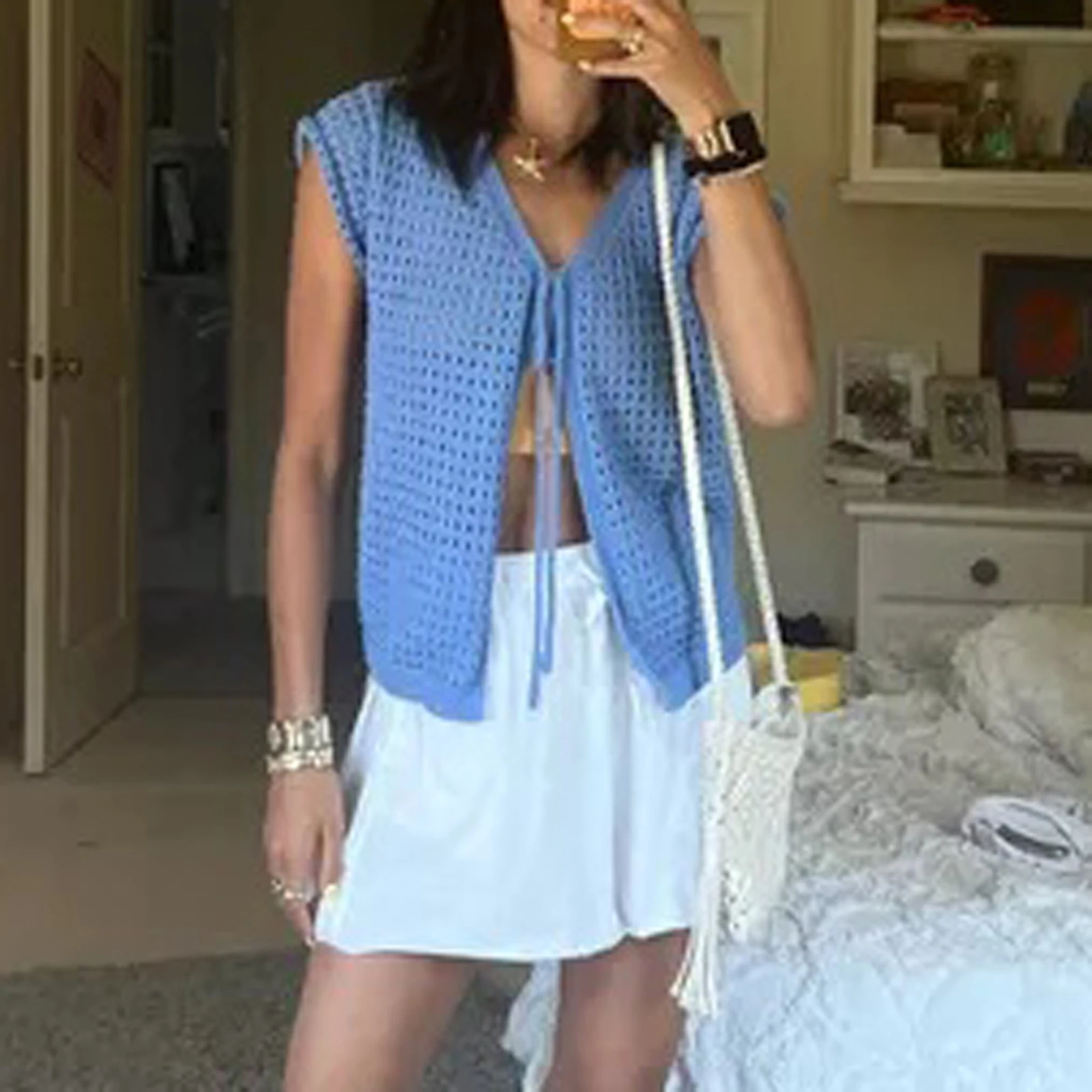 lop damski y2k Tie Front Knit Estetyczny kardigan w jednolitym kolorze z krótkim rękawem i dekoltem szpic Lekki sweter Casual Loose Cover Up