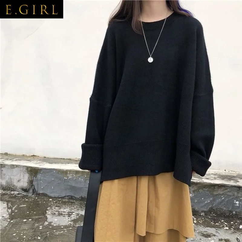 

Pullovers Women Long Sleeve Simple Elegant Candy Colors Leisure Warm Sweet All-match Maiden Sweater O-neck Loose Side-slit Basic