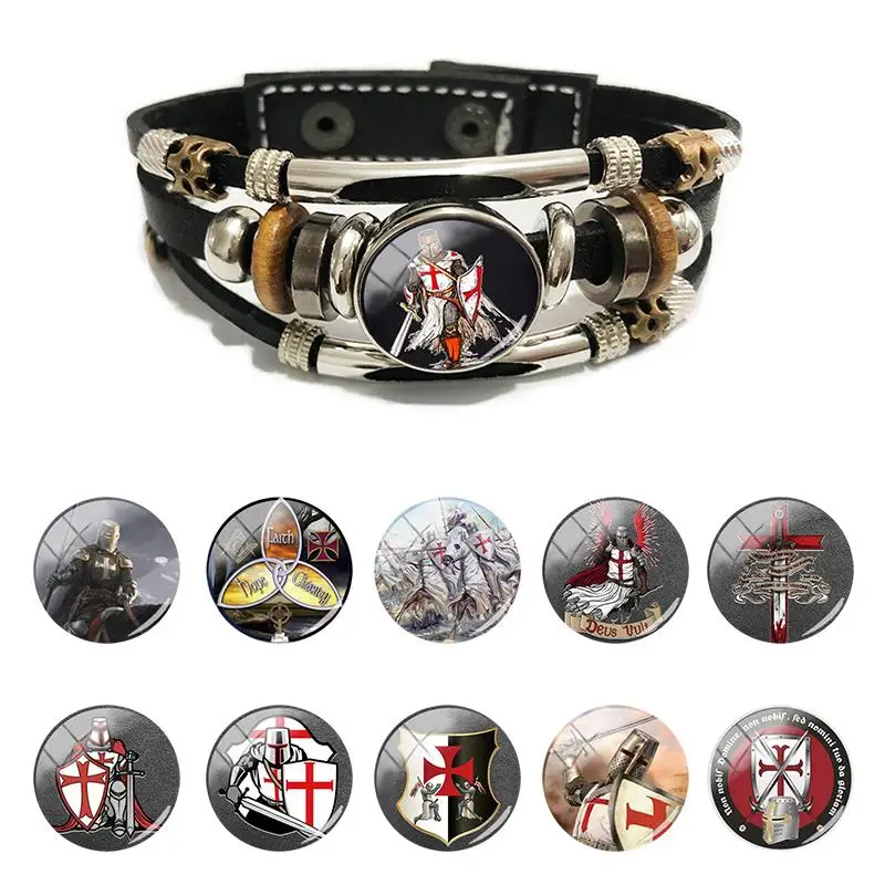 

Multilayer Black Leather Bracelet Knights Templar Glass Cabochon Bangle Christian The Crusaders Men Religious Jewelry QKT241