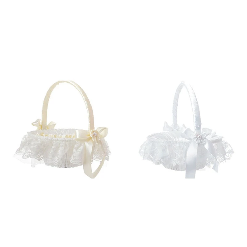 

Flower Girl Basket for Wedding Small White Satin Wrapped Baskets with Lace Ribbon Bows and Faux Flowers Decoration