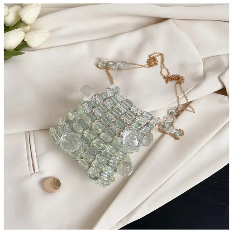 

Fashion Transparent Acrylic Beading Crossbody Bag for Women Cute Handmade Woven Shoulder Bags Lovely Girl Summer Small Purse
